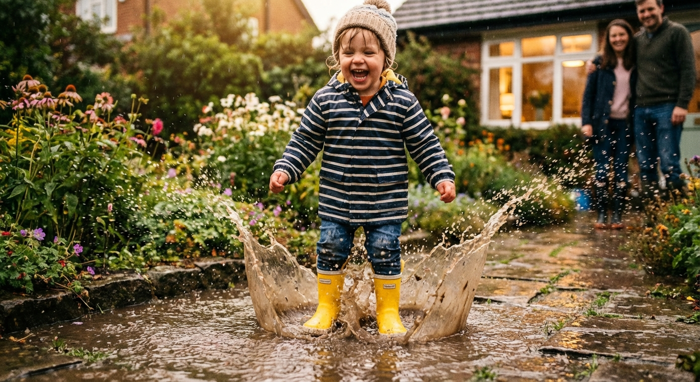 Toddler in wellies splashing in puddles